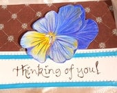 Thinking of You card--Pansy card hand drawn and painted--blue pansy