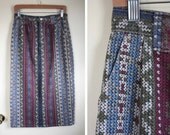 Vintage Vivaldi Denim Skirt // Colorful Patterned Jean Maxi Skirt
