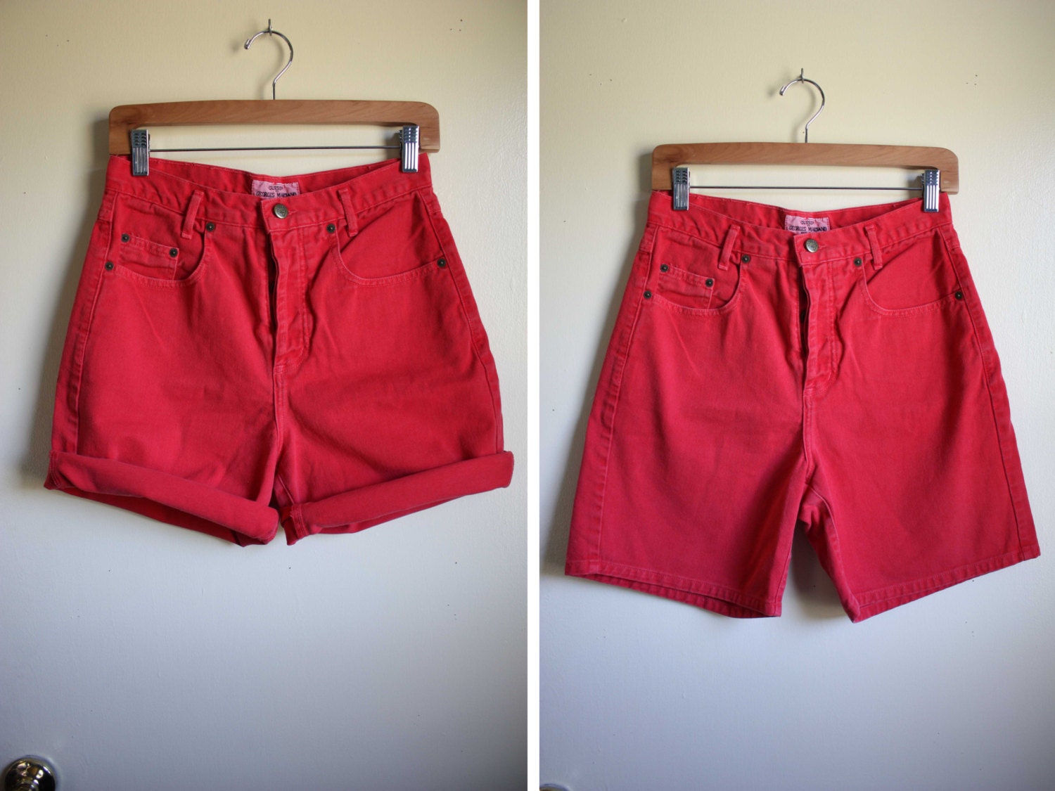 Vintage Red Guess High Waist Jean Shorts // Button Fly Cuffed
