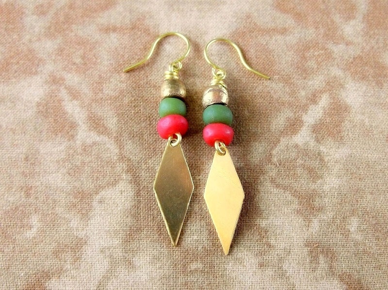 Tribal Arrow Earrings Brass Diamond Earrings - Green Red - Boho Jewelry Bohemian Jewelry Ethnic Jewelry Tribal Jewelry - Dangle Earrings
