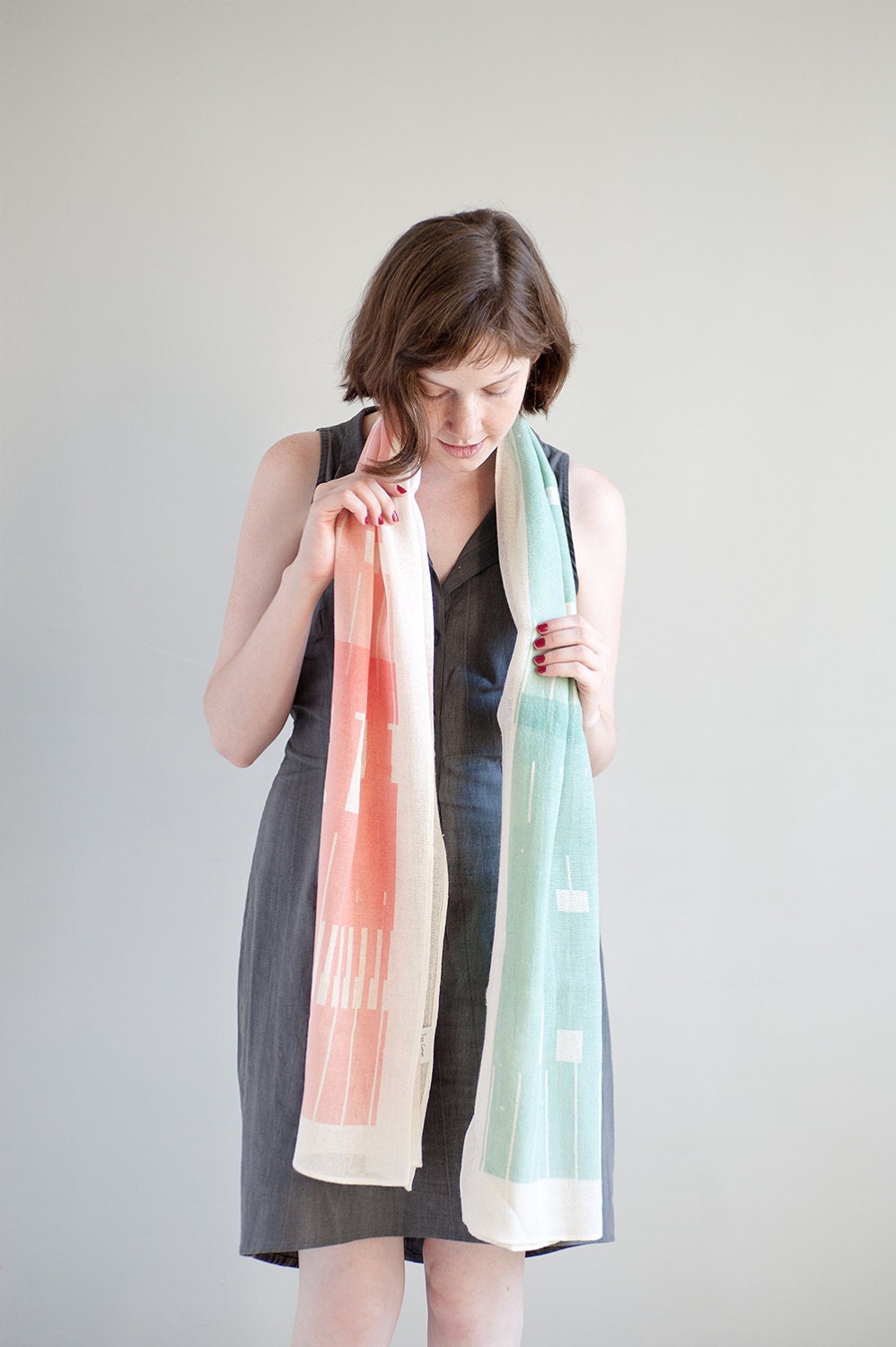 Pink and Green Mint Color Block Cotton Gauze Scarf, Hand Screen Printed Light Pastel Spring accessories
