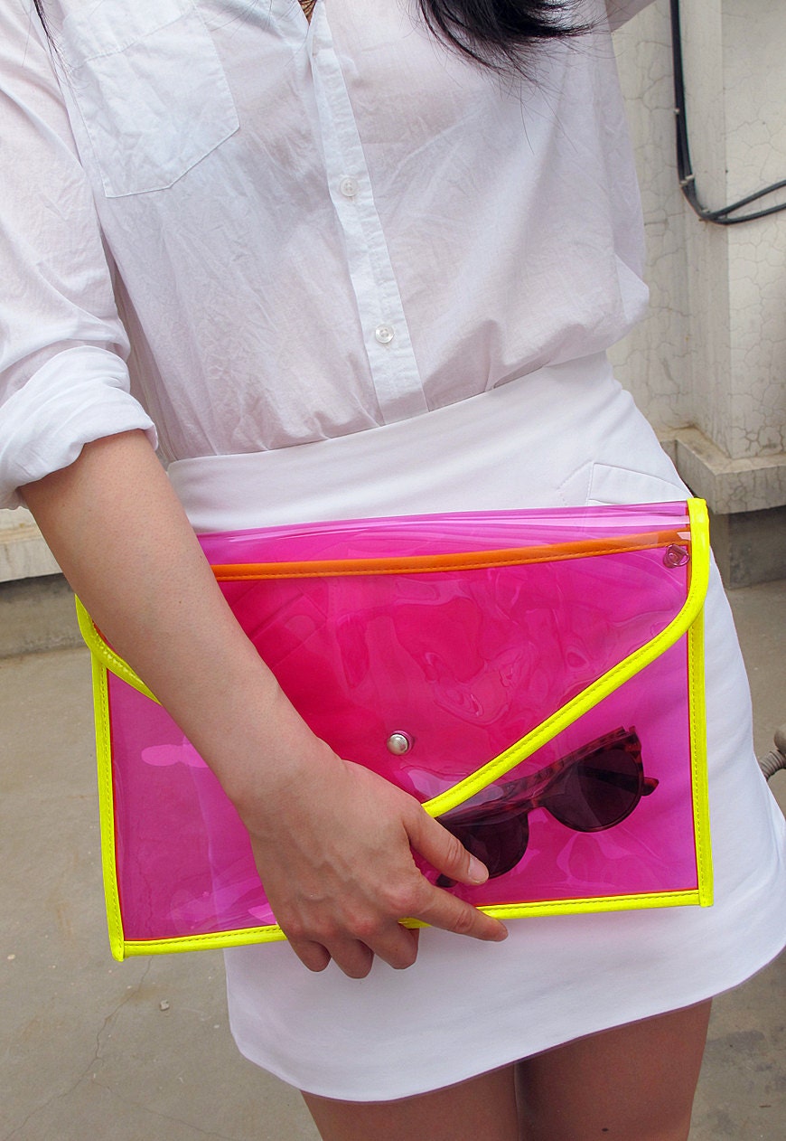 Neon Day-Glo Oversize Clear Envelope Clutch Purse Bag Handbag - Rose Pink Transparent - Women Ladies - Handmade