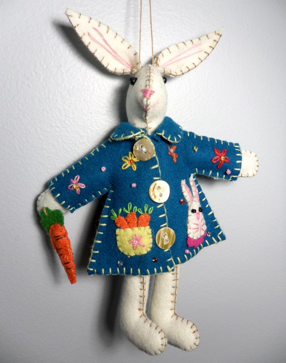 Wool Felt Bunny Plush Ornament Blue Coat Bunny with beautiful carrot basket pattern design Easter Spring Ornament 7.5"
