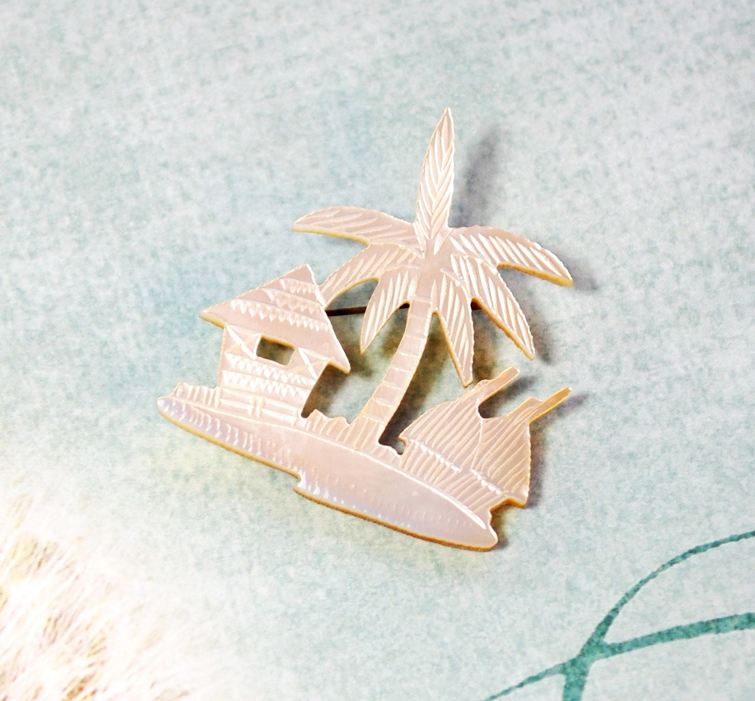 Antique Tropical Brooch / Pin, Carved Mother of Pearl Shell, Palm Tree Huts Beach, 1800s 1900s Victorian Edwardian Exotic Jewelry
