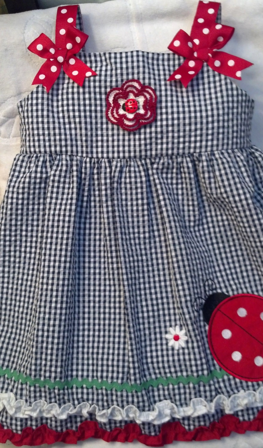 Baby Toddler Girls Ladybug Dress Sundress - Handmade Irish Rose - Blue and White Gingham - Size 24 months