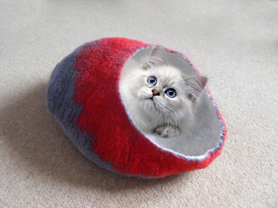 Cat Bed Cave House Felted Wool Grey and Red with FREE Cat Ball