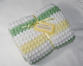 Hand Crocheted Baby Afghan - White, Yellow, and Green Picots and Stripes - Free Shipping
