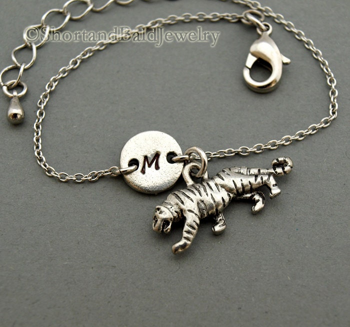 Tiger charm bracelet, initial hand stamped, personalized, antique silver pewter, friendship bracelet, mothers bracelet