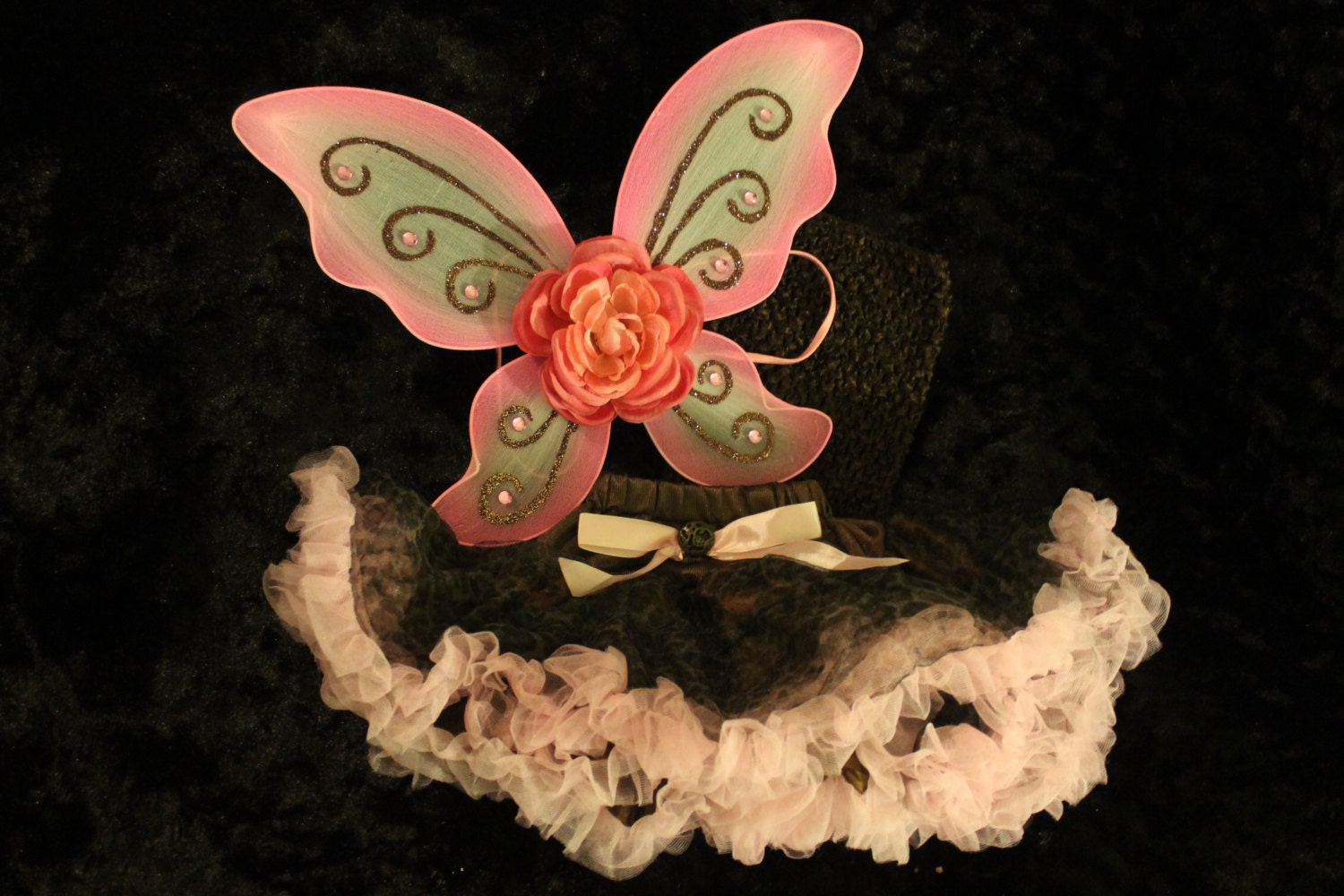 3pc Victorian rose butterfly fairy wings w/ cheetah & pink plush petti skirt 8" crochet brown top girls newborn photo prop ready to ship