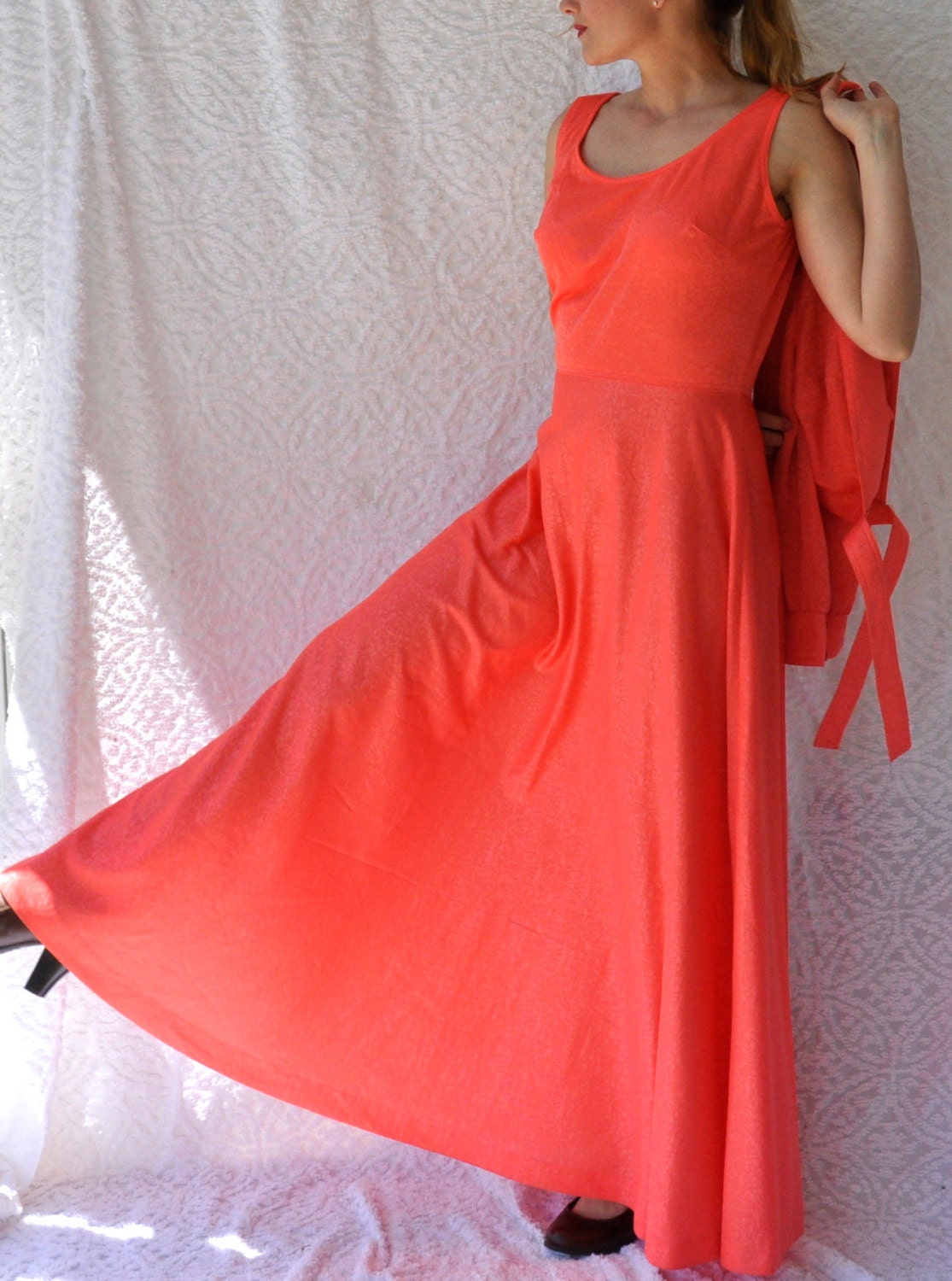 70s Tangerine Dancing Gown w. Jacket/ Long Swing Dress. Fit & Flare Mod. Retro Bridesmaid. Hippie Boho Cocktail. Disco Formal. Party/ LARGE