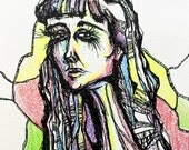 Original drawing, portrait, pen and colored pencils drawing, original illustration, pen and ink, girl, home decor, modern art, summer