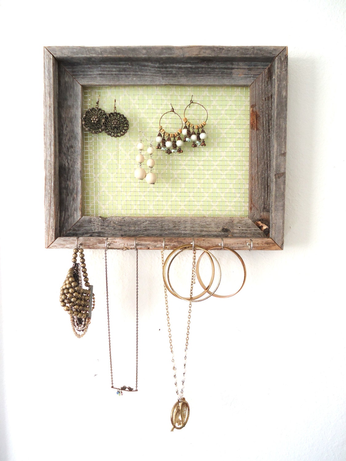 Jewelry Organizer Jewelry Holder -Barnwood Frame Trefoil Mint Green Fabric 7 Hooks