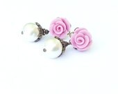 Rose Post Earrings, Summer Accessories, Pearls, Vintage Inspired Earrings, Rose Earrings, Pearl Earrings, Champagne Pearl, Gifts for Her