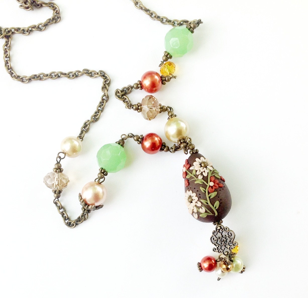 Teardrop Pendant, Boho Necklace, Limited Design, Mixed Beads, Vintage and Resin, Polymer Clay Applique Pendant, Handmade Pendant