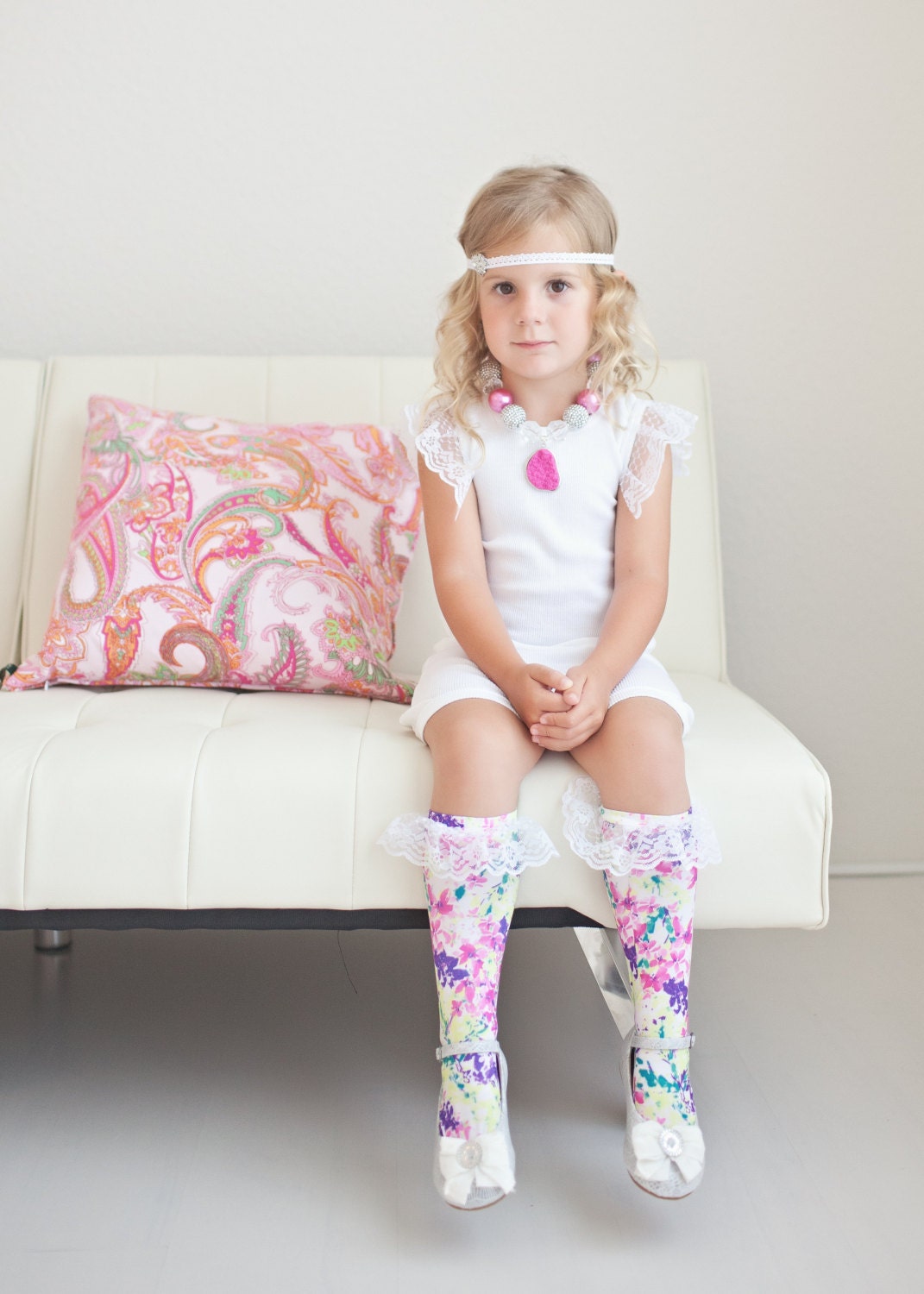 Girls Multi Colored Knee Socks with Lace Ruffle - Leg Warmers - Pretty Socks - Boot topper - Boot Sock - Knee High Sock - Sassy Socks