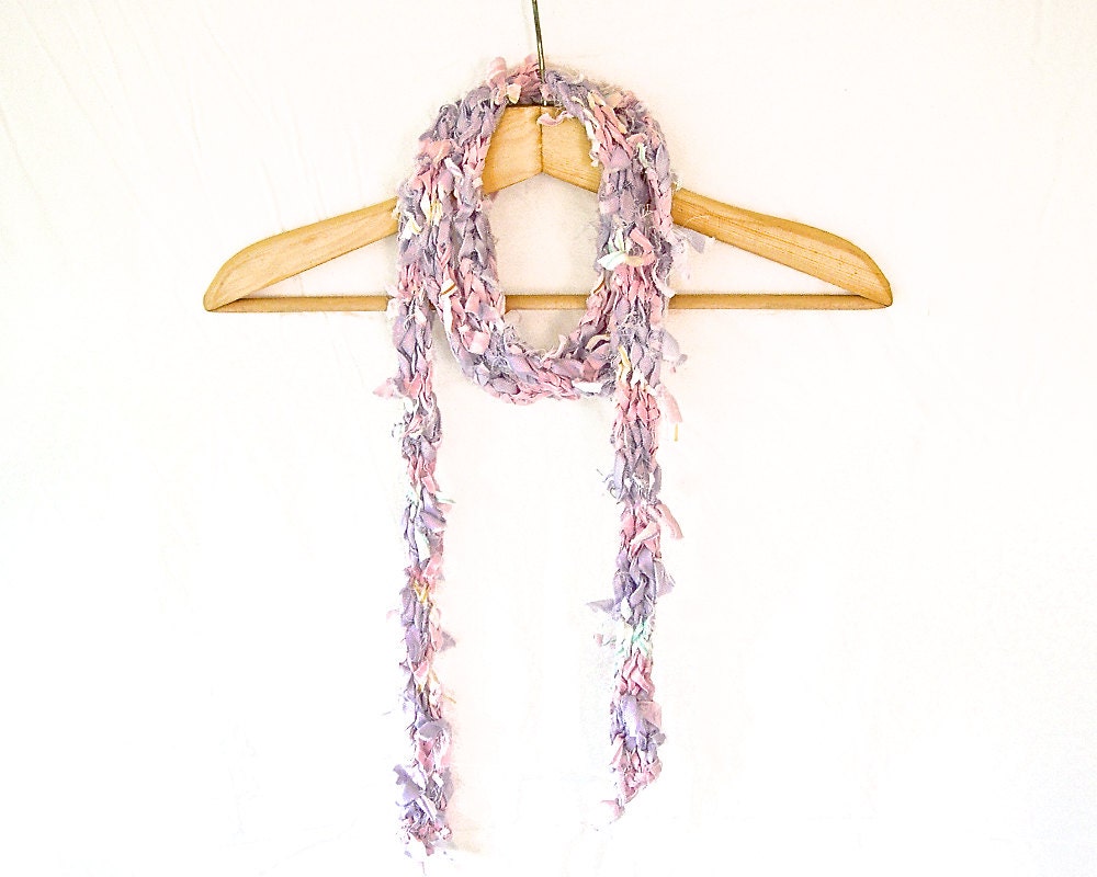 Pink and Lavender Recycled Fabric Skinny Scarf, Tattered Boho Scarf, Upcycled Fringed Hippie Scarf