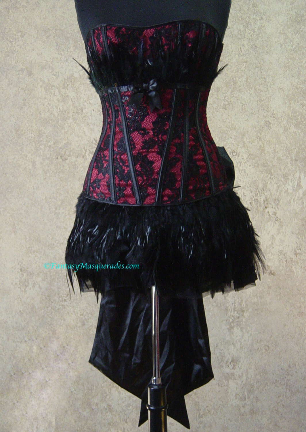 3pc Size S-Black/Red Lace Feather Moulin Burlesque Rouge Carnival Showgirl Costume-Skirt, Corset,  Bow