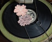Feminine pink lace on leather long necklace - CLARIBELLE - Flower shaped pink floral lace on ivory and brown upcycled leather - Eco-Friendly
