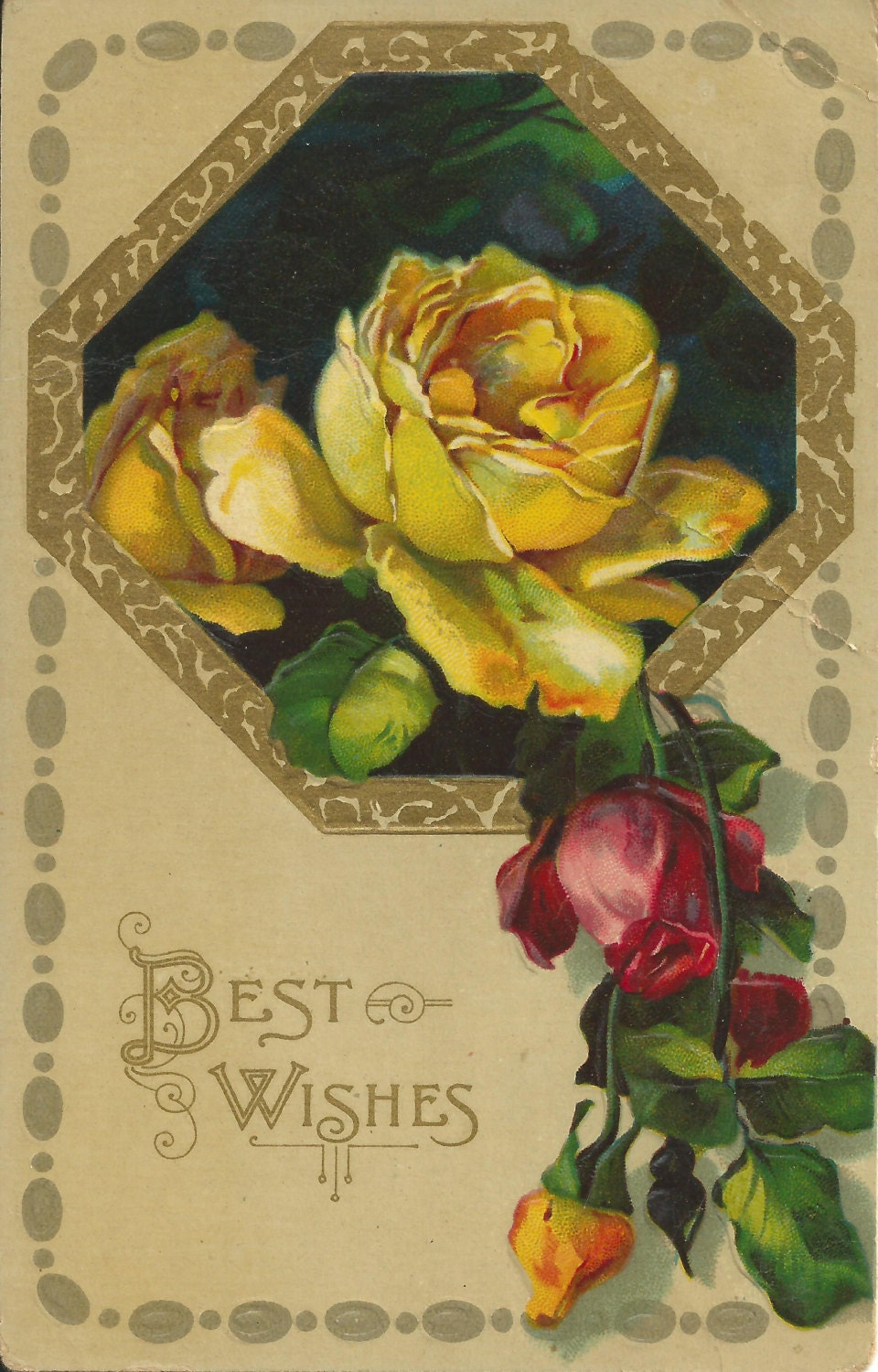 Antique Postcard Yellow Rose Red Rose Shabby Cottage Chic Roses Card Gatsby Style 1914