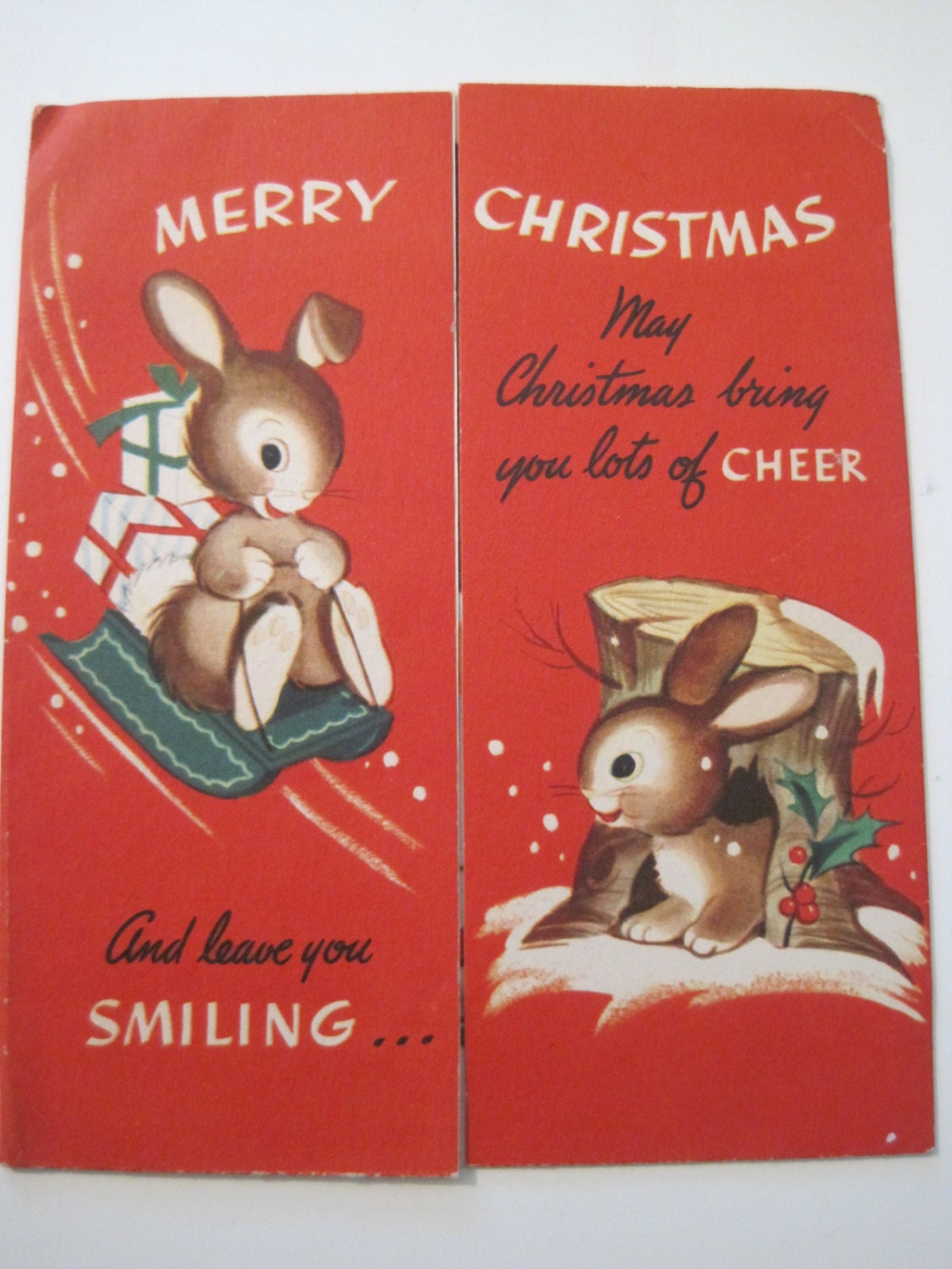 1950s Christmas Card Bunny Rabbits Pop-up 3D