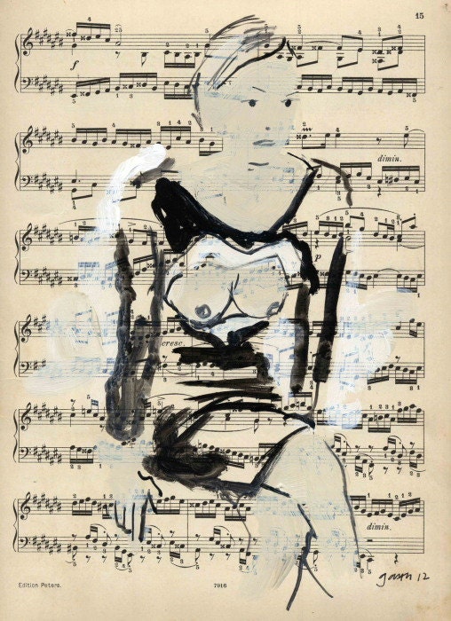 Original painting on vintage music score - Little black dress