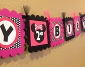 Minnie Mouse Hot Pink Black White Polka Dot Inspired Happy Birthday Banner - Party Pack Specials Available