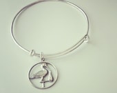 modern sterling silver bangle and stork with baby charm - handmade // vintage