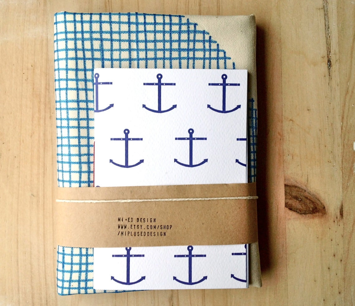 Eco Friendly Set Organic Cotton Hand Painted Tote and Hand Bound Nautical Jotter
