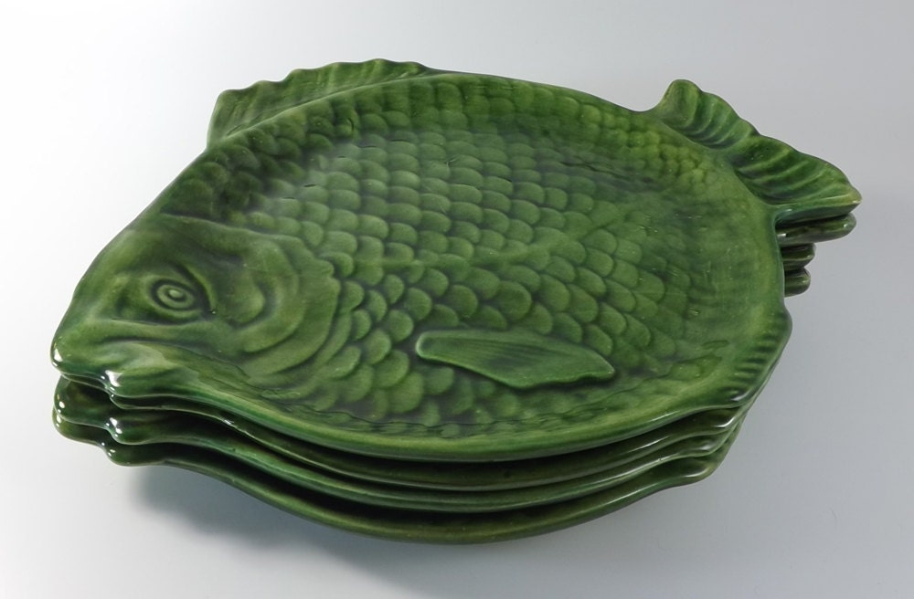 Holland Mold Set of 4 Green Ceramic Mid Century Fish Plates