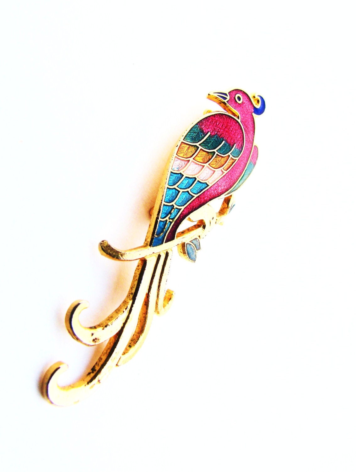 80's Vintage Cloisonné Phoenix, Bird, Tropical Feathery Fowl - Gold Tone Brooch, Pin - Spring, Easter, for mom - FREE SHIPPING