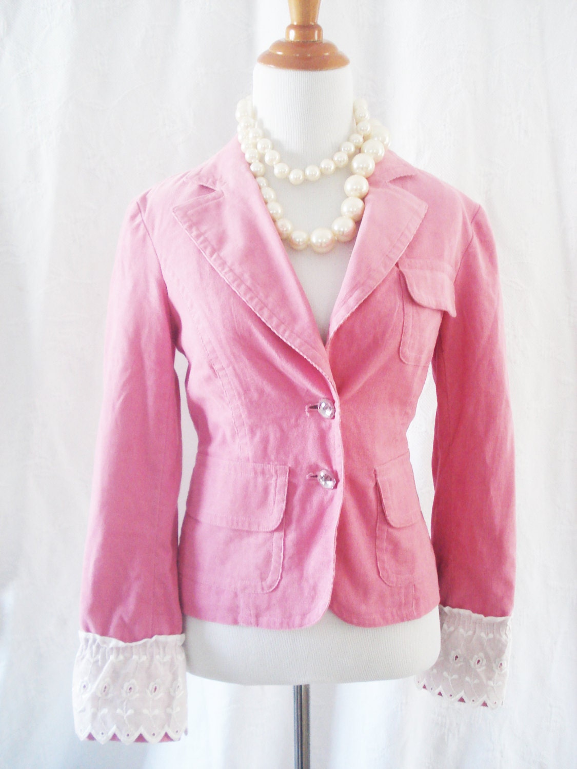 Womens Size MEDIUM Pink Jacket - upcycled rose pink jacket with crystal buttons and lace cuff sleeves, country chic, womens coats, corduroy
