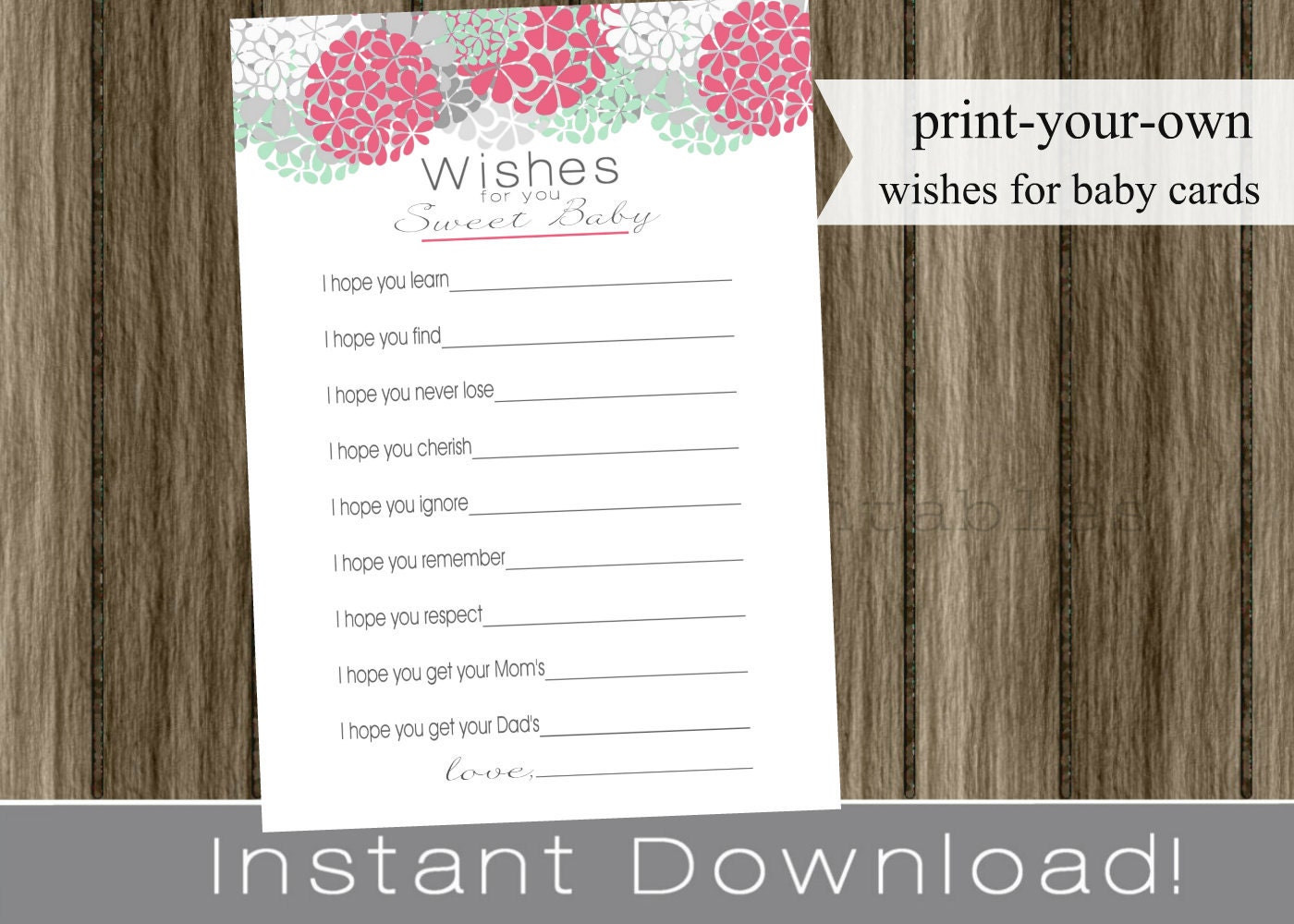 Baby Shower Well Wishes for Baby girl pink hydrangea flowers and gray INSTANT DOWNLOAD diy printable file print your own Il_170x135