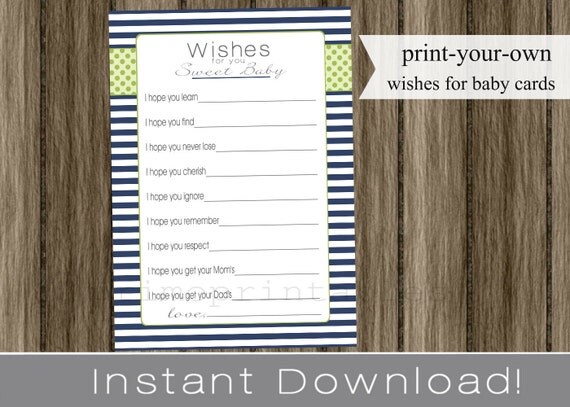 Baby Shower Wishes for Baby boy navy blue and green INSTANT DOWNLOAD diy digital printable file print your own Il_570xn
