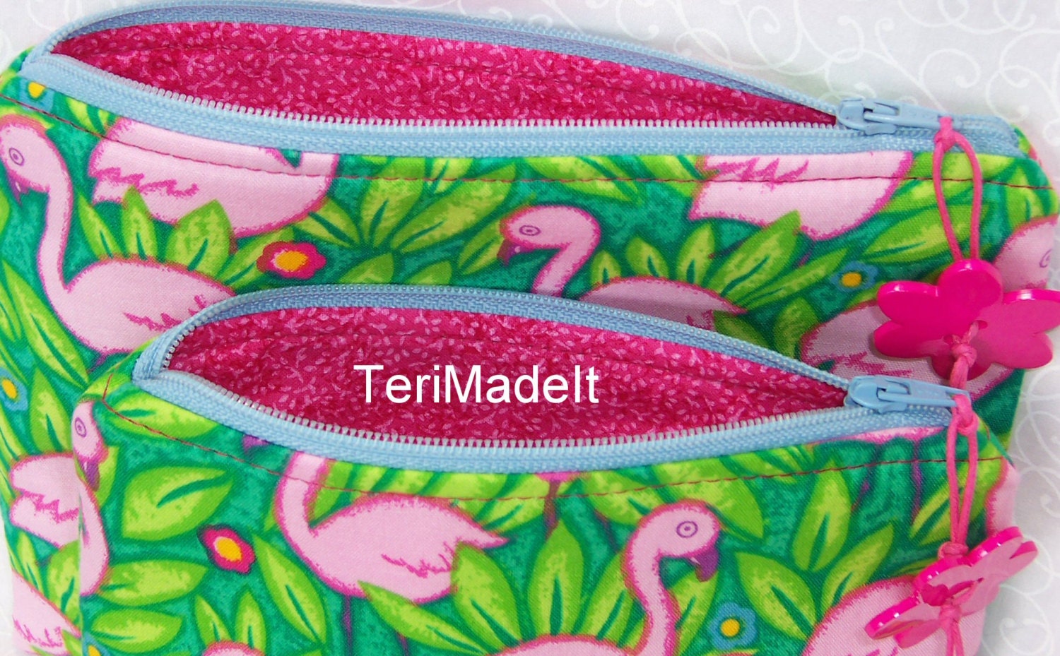Set of 2 Zippered Cosmetic Travel Bags - tropical flamingo cotton fabric, flower button zipper pulls, fully lined, lightweight