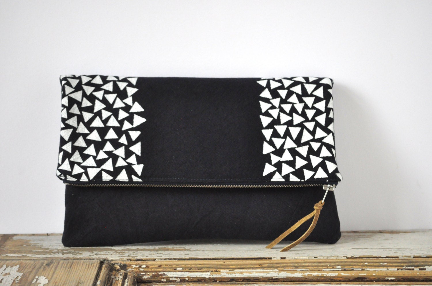 MADE TO ORDER - Large Pouch / Fold Over Clutch - Dark Blue with White Triangles - Hand dyed and Printed