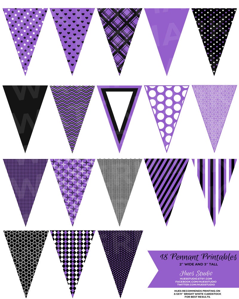 18 Purple Black and White Pennant Banners : Decor / Cake Toppers  / Instant Download - Hues Studio