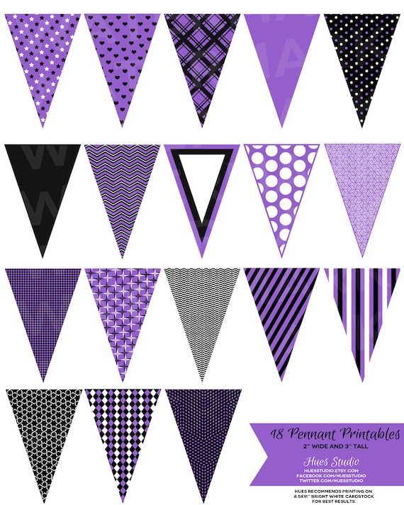 18 Purple Black and White Pennant Banners : Decor / Cake Toppers / Instant Download - Hues Studio Il_570xn