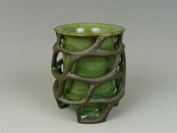 Double Layered Hand Thrown Ceramic Mug, Hand Carved Black Mountain Clay, Green Glaze