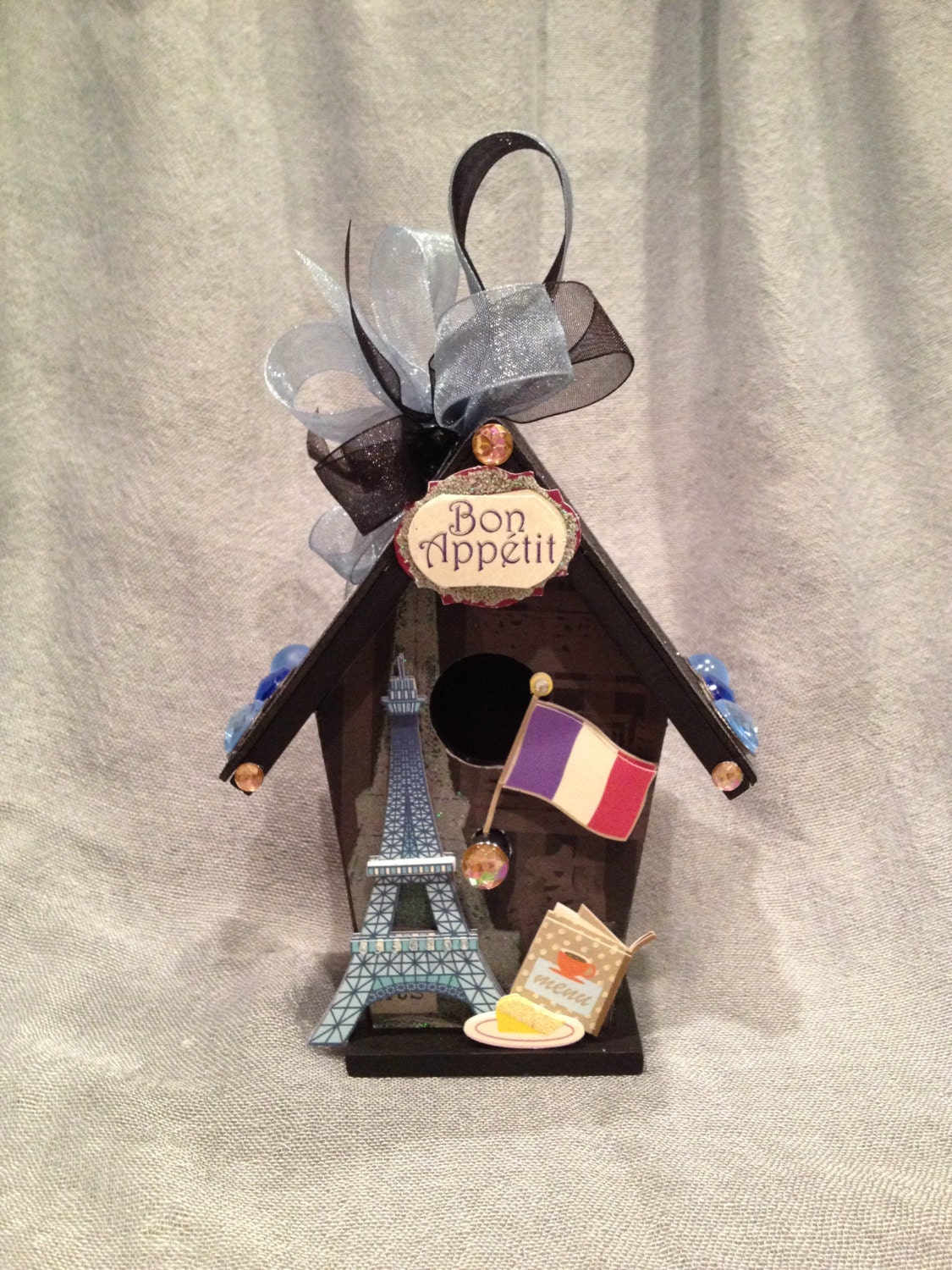 Bon Appetit - PARIS, French, SHaBBY CHiC, Vintage - Handmade Wood Birdhouse Decoration w Eiffel Tower, Flag, n Wine - Pretty Gift (BH266)