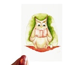 Owl Watercolor Painting ACEO Trading Card Reading Owl Book Lover Green Watercolor Owl Illustration Cute Cartoon Owl Giclee Print Little Mini