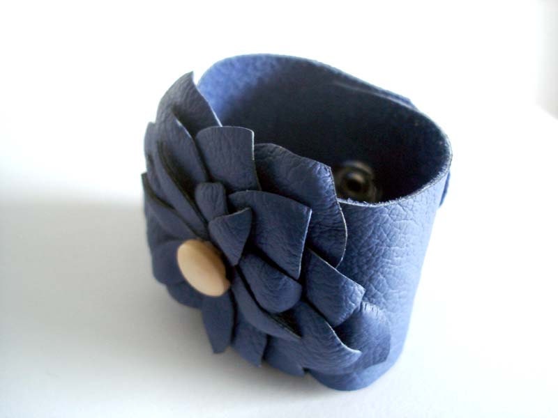 Blue  Leather Cuff,   Flower Leather  Bracelet ,Unique Handmade Jewelry ,Wide Leather Cuff