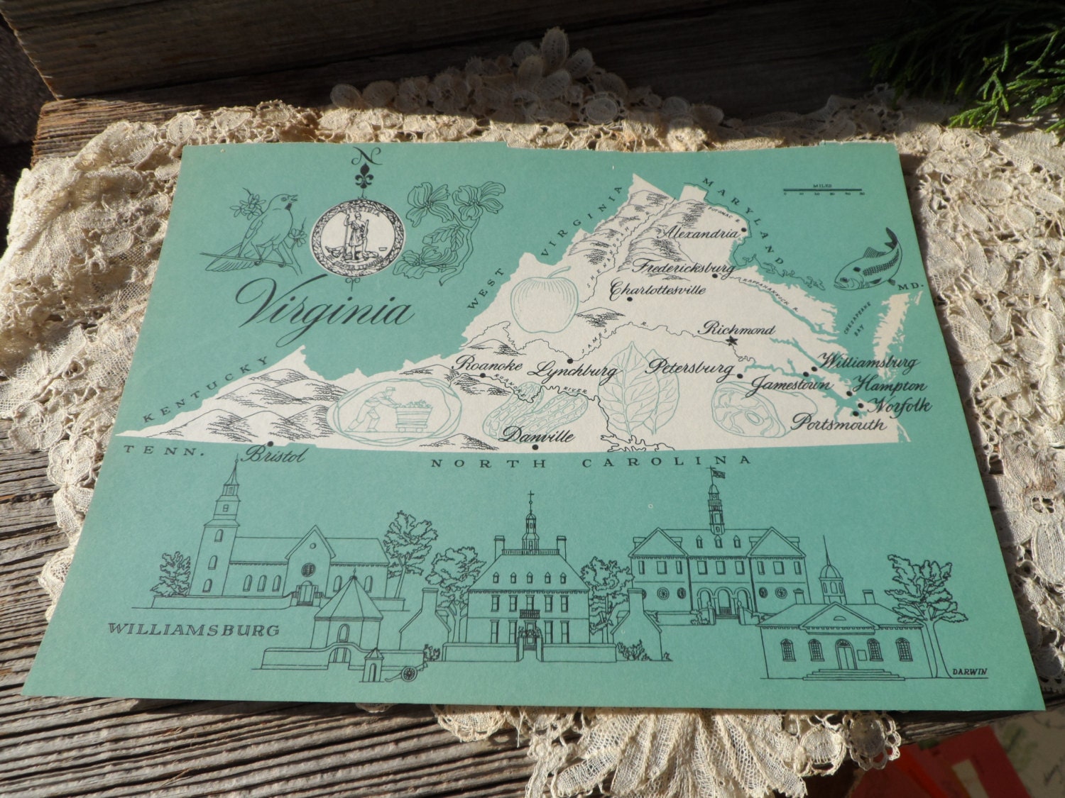 Vintage 1960s Original State Map of Virginia