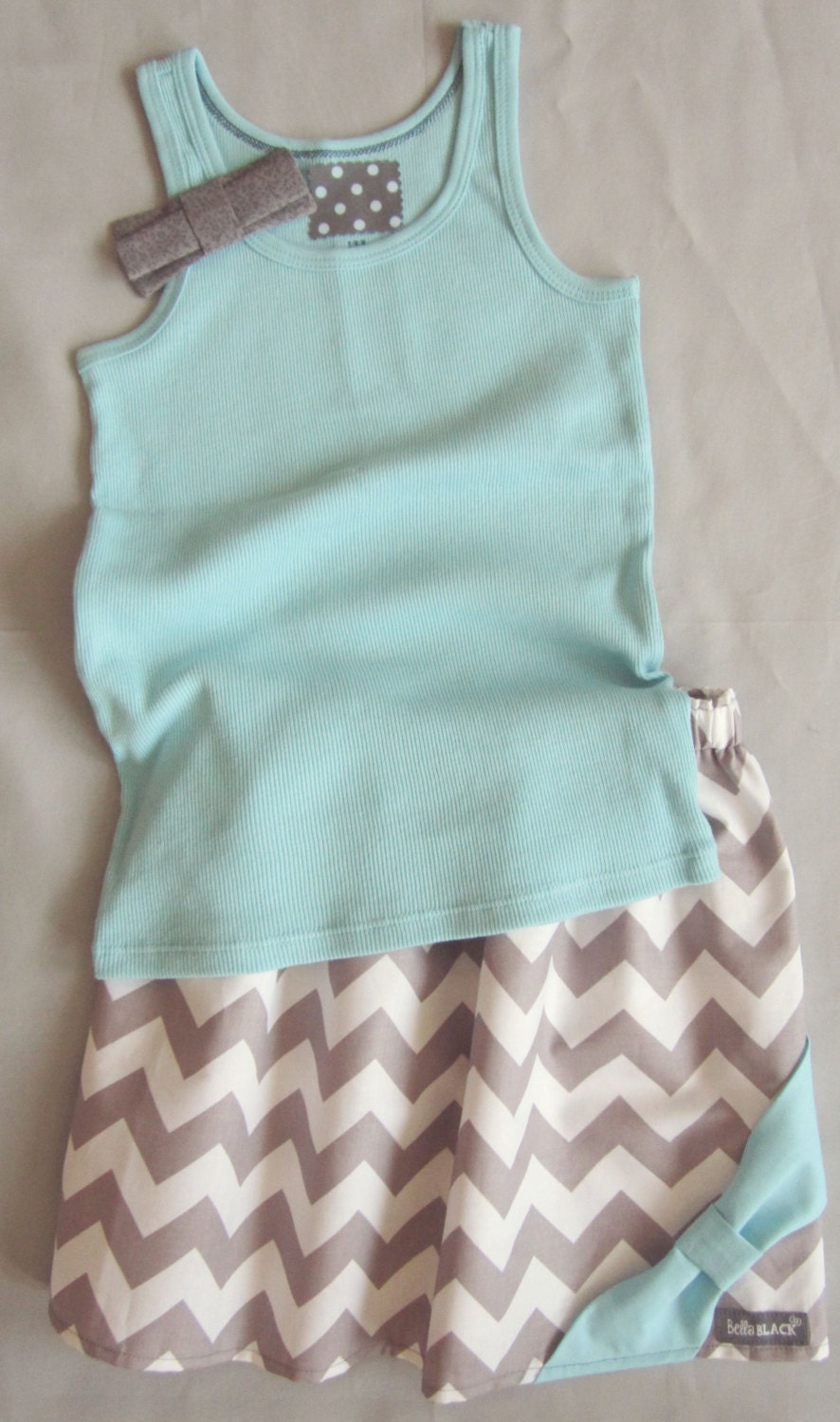 Gray Chevron Aqua Bow Girls Skirt & Matching Bow Tank 2 Pc Outfit - 6m, 12m, 18m, 2T, 3T, 4T, 5, 6, 7/8, 9/10