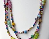 Rainbow: Extra Long Multicolor Wrap Necklace/ Bright Colorful Frost Agate Glass Cats Eye Multi Strand Summer Flapper Necklace/ OOAK Unique