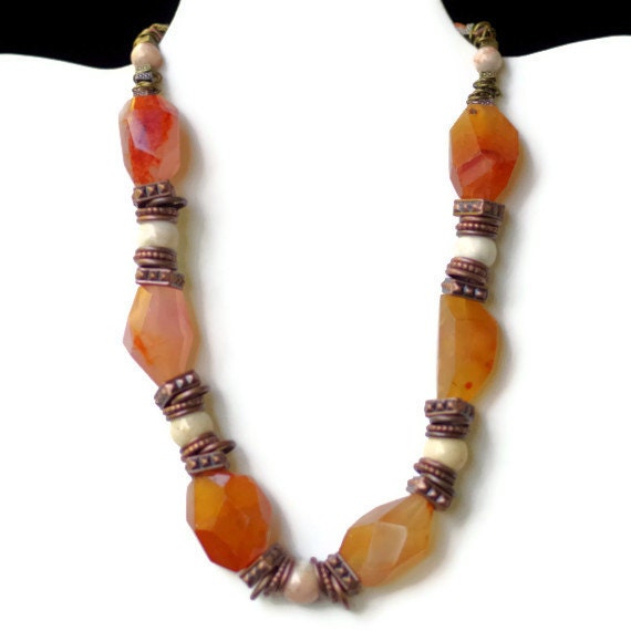 Short Burnt Orange Honey White Statement Necklace/ Large Chunky Faceted Natural Semiprecious Carnelian Agate Jasper Stone Beads/ OOAK Unique