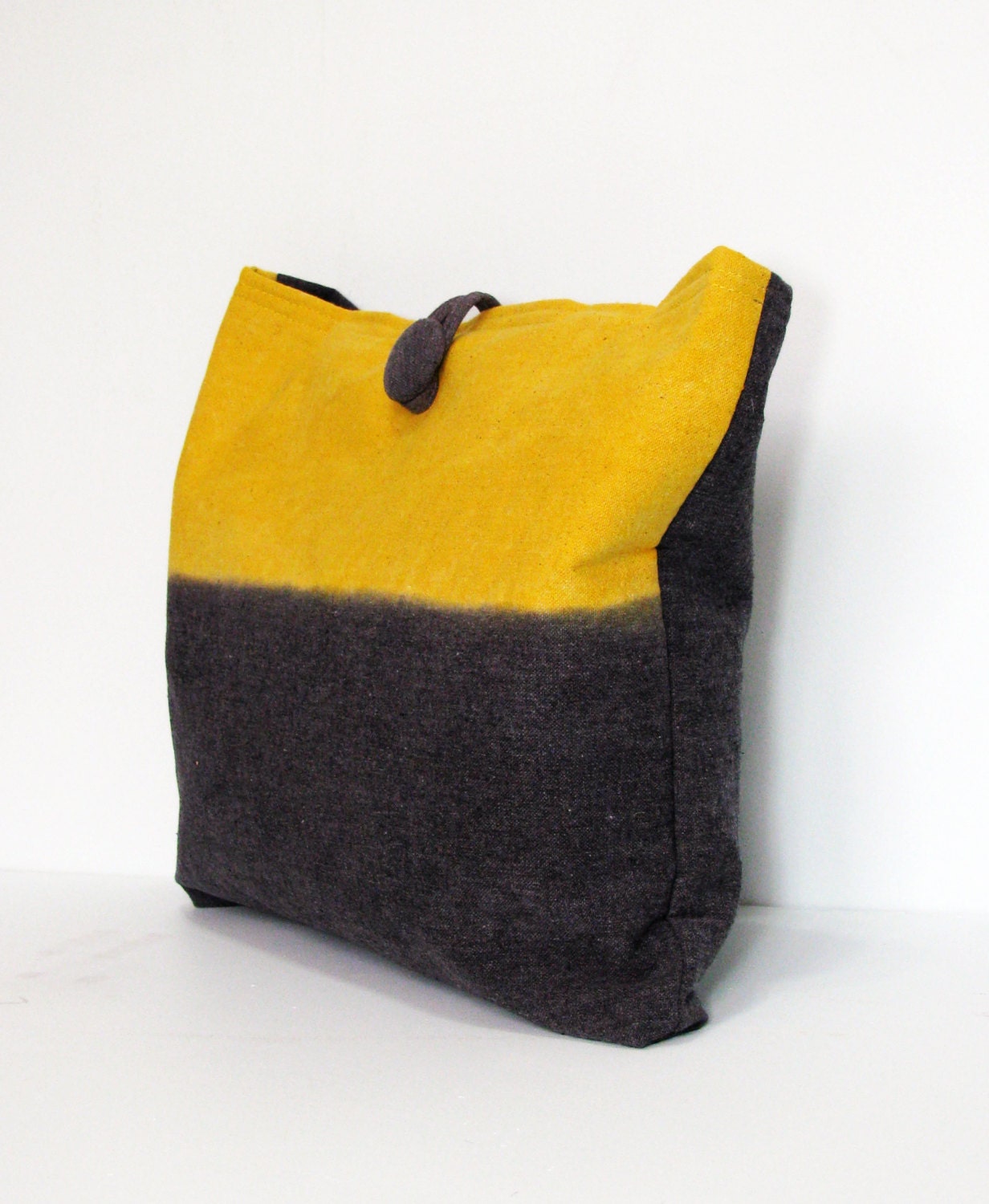 Large  tote bag - ombre bag - color block - mustard yellow and charcoal grey - canvas bag