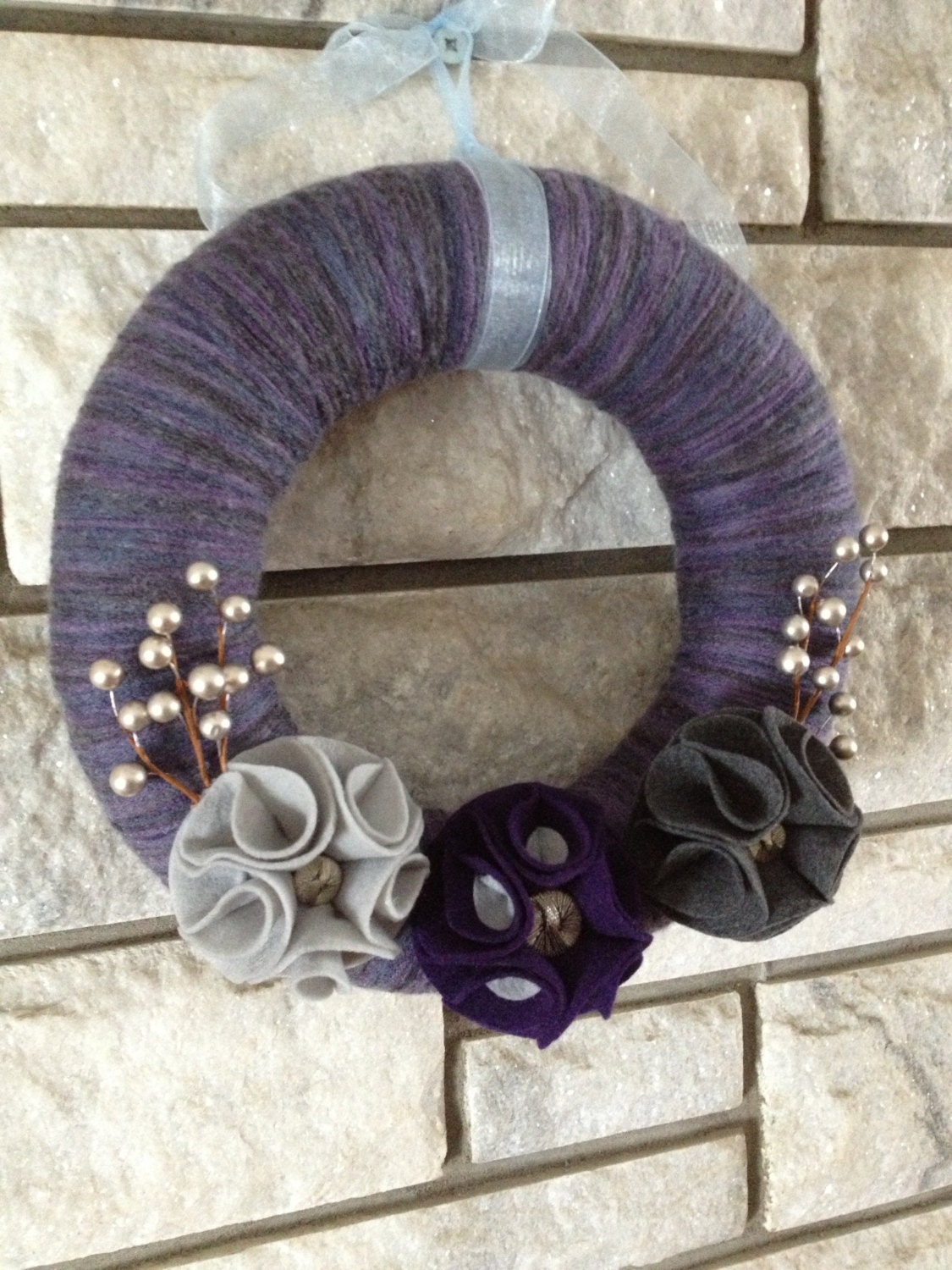 Yarn Wreath Handmade Felt Decoration - 12in Plum Grey