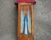 Mary - Wooden Rustic Golden Shrine With Hand Painting Picture On Hand Carved Wood Original Wood Sculpture Art