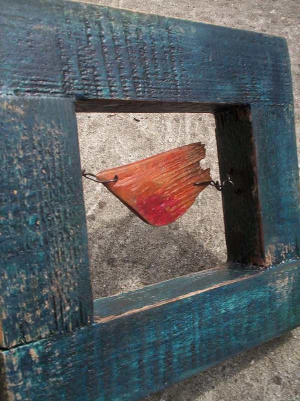 Bird In Frame - Rustic Wooden Hanging Wall Decor Hand Carved Orange Wooden Bird Hand Painted Original Wood Sculpture Art