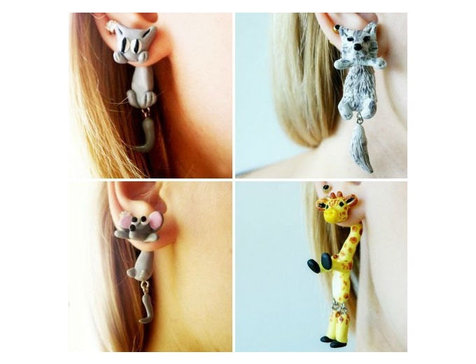 Pair of Real Custom Animal Gauges Plugs Piercing 0g, 00g, 7/16, 1/2, 9/16, 5/8, 3/4, 7/8, 1 inch earrings Polymer clay, handmade